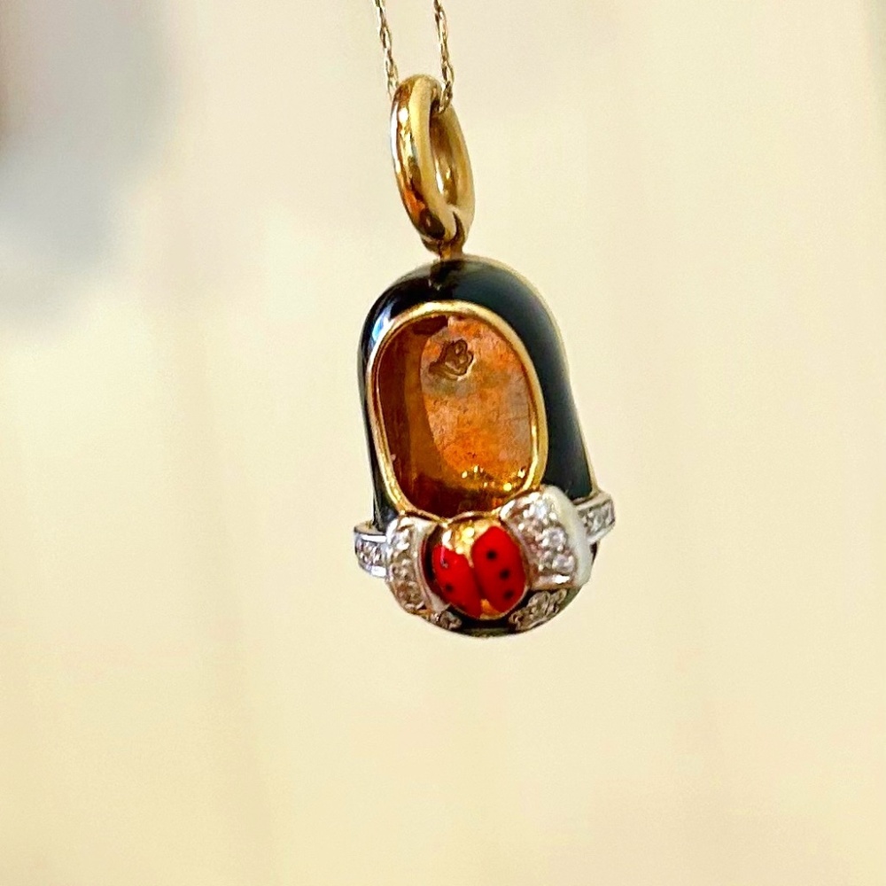 Aaron Basha Baby Shoe Charm/Pendant - Ladybug Ballet Shoe 18K Gold with Diamonds